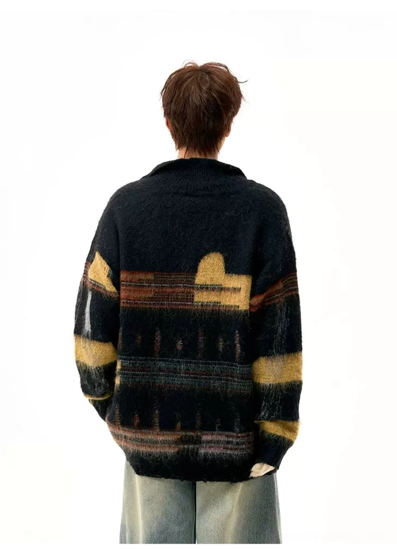 Back view of a black oversized fuzzy knit sweater showing the full retro abstract pattern and relaxed streetwear fit