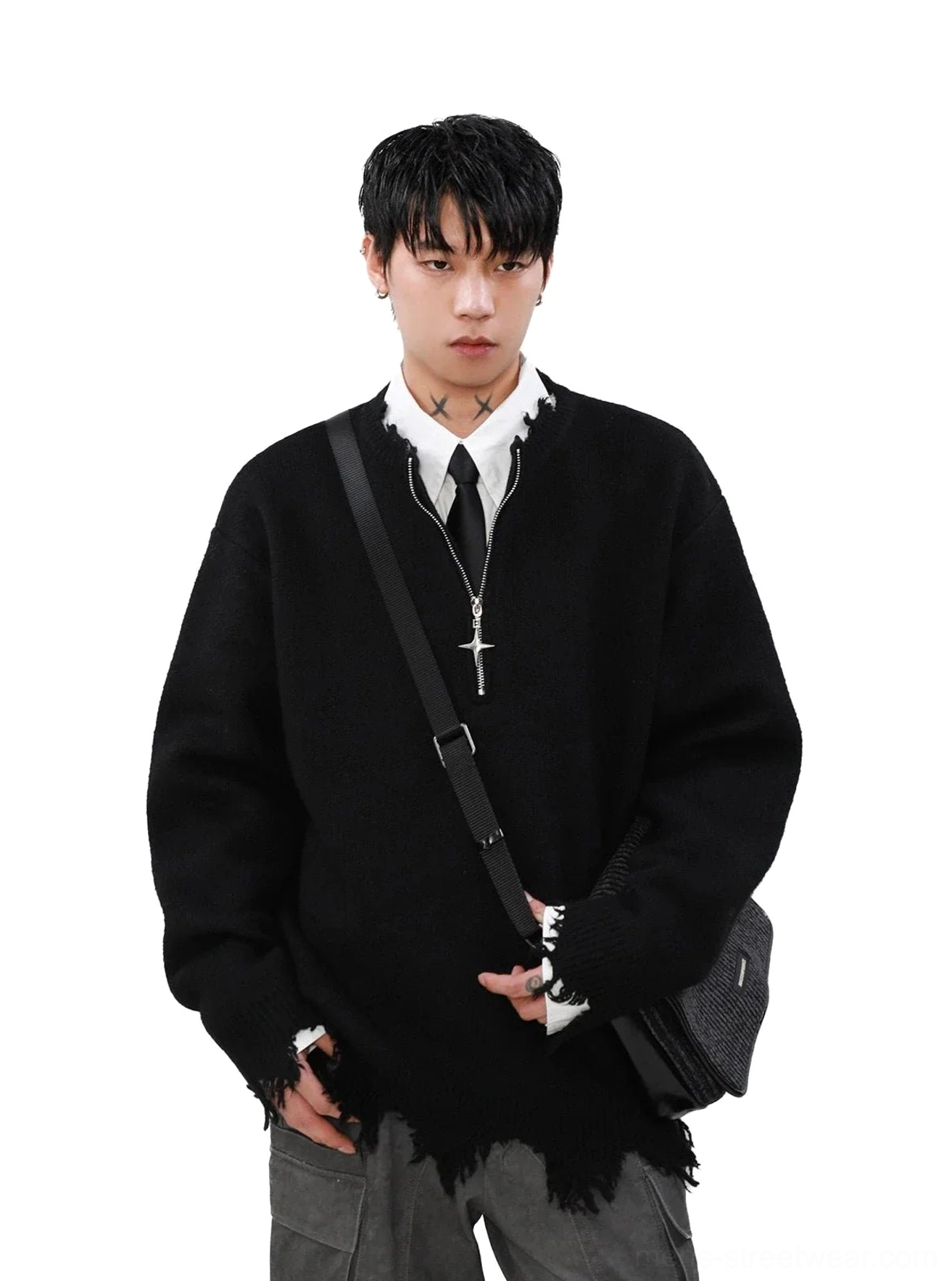 Black oversized half-zip distressed streetwear sweater with cross zipper detail and relaxed drop shoulder fit