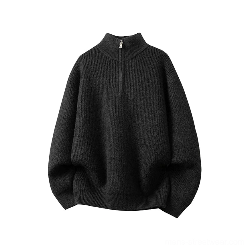 Black oversized half-zip mock neck rib knit sweater with long drop shoulder sleeves and ribbed cuffs contemporary streetwear style