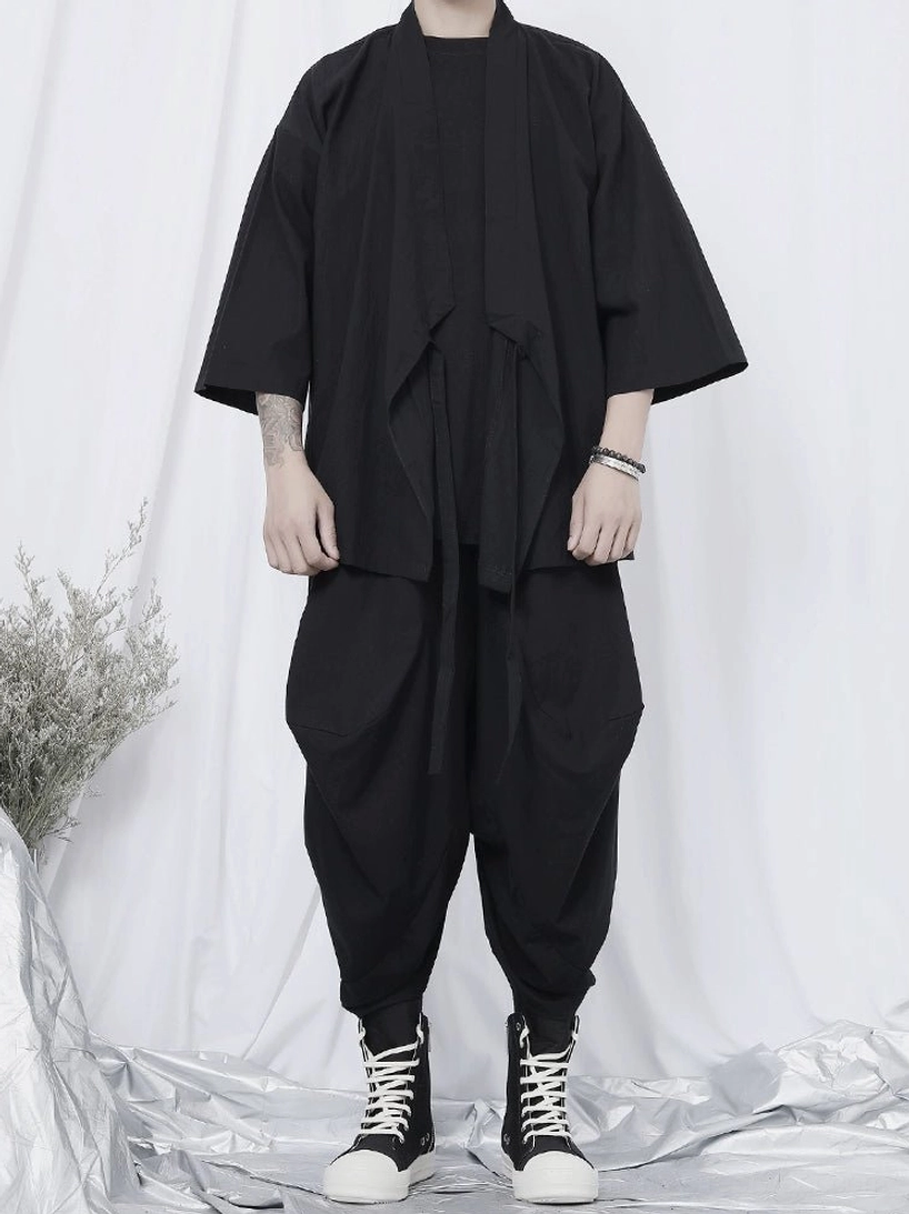 Black oversized kimono-style shirt with crossover neckline and long tie straps for contemporary Seoul fashion