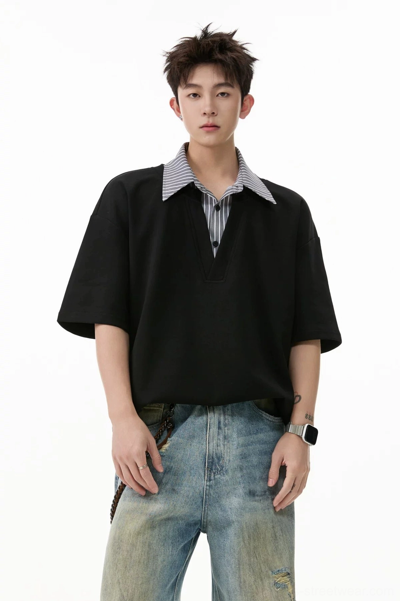 Black oversized layered collar polo tee front view with dropped shoulders and deep V-placket streetwear design
