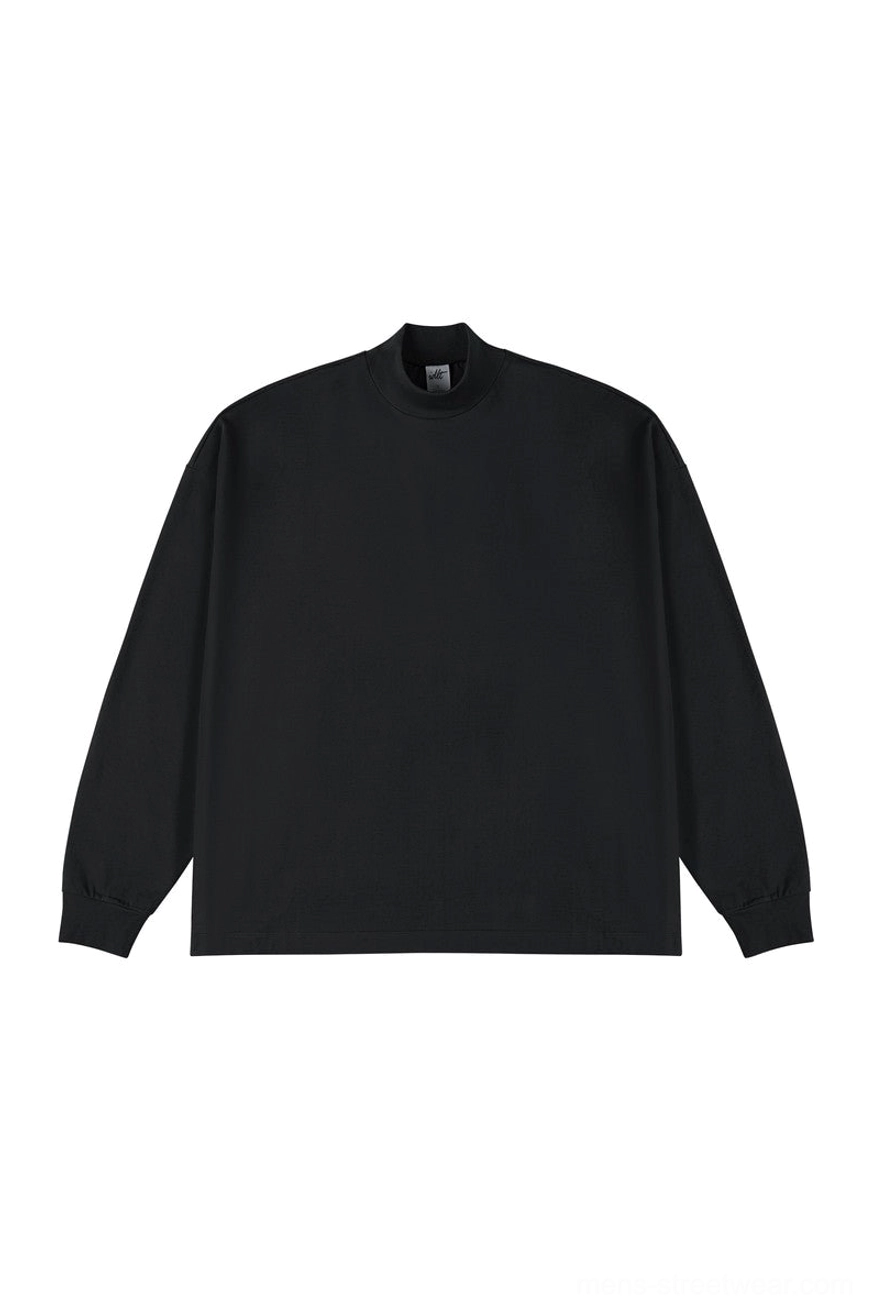 Jet black oversized mock neck long sleeve tee with ribbed neckline for modern streetwear