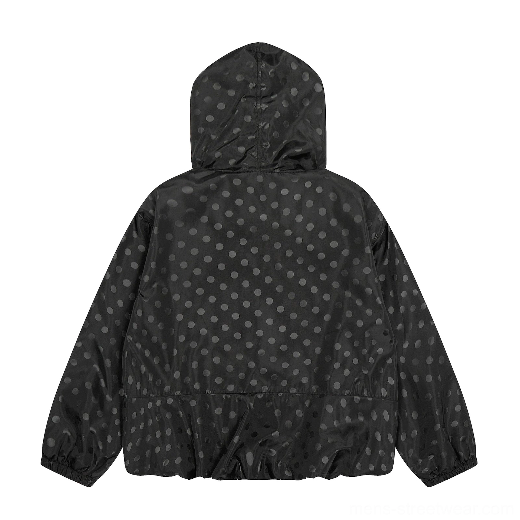 Black oversized polka dot hooded windbreaker jacket flat lay back view with gathered elastic hem
