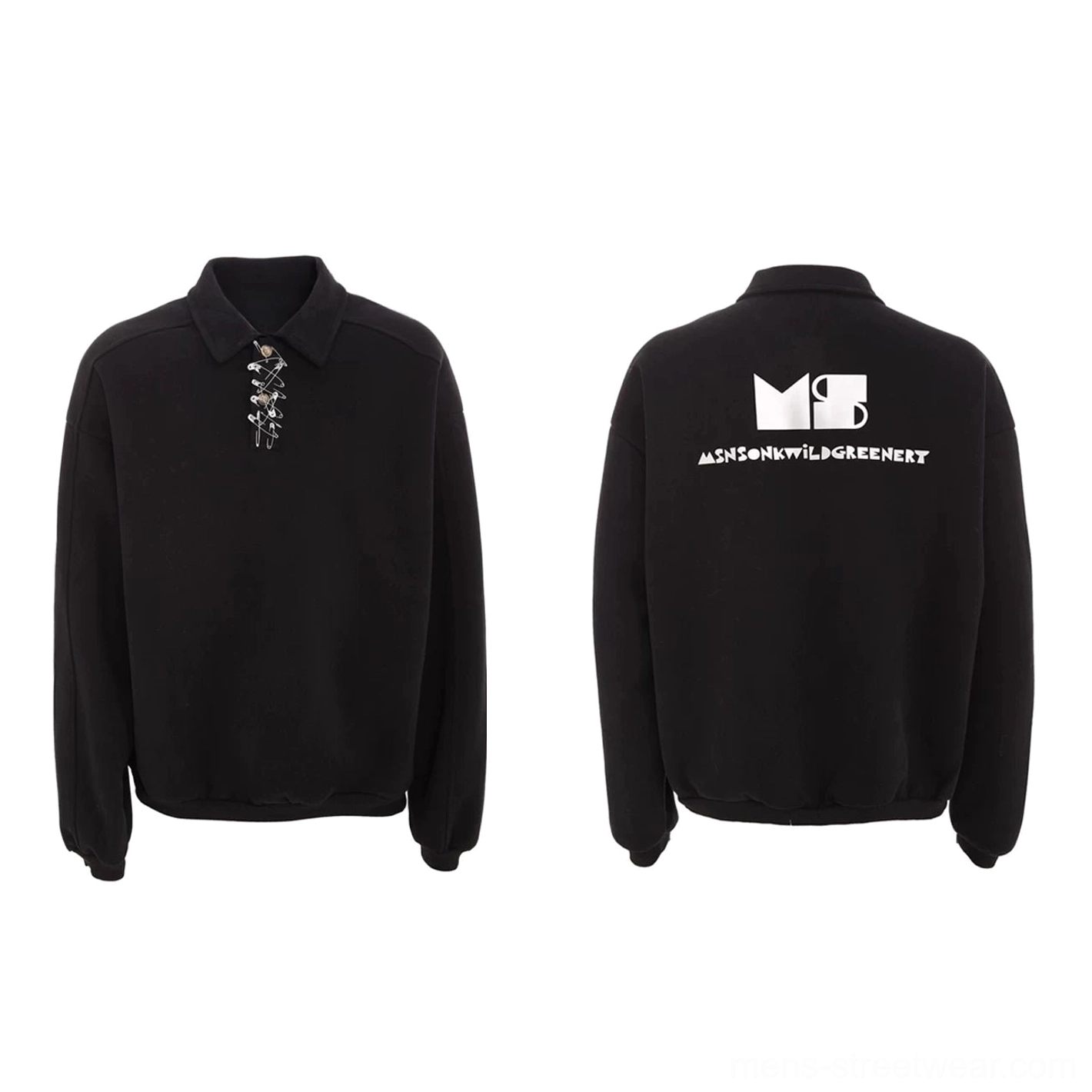 Black oversized polo collar cotton sweatshirt flat lay with decorative metal neckline detail and ribbed trim