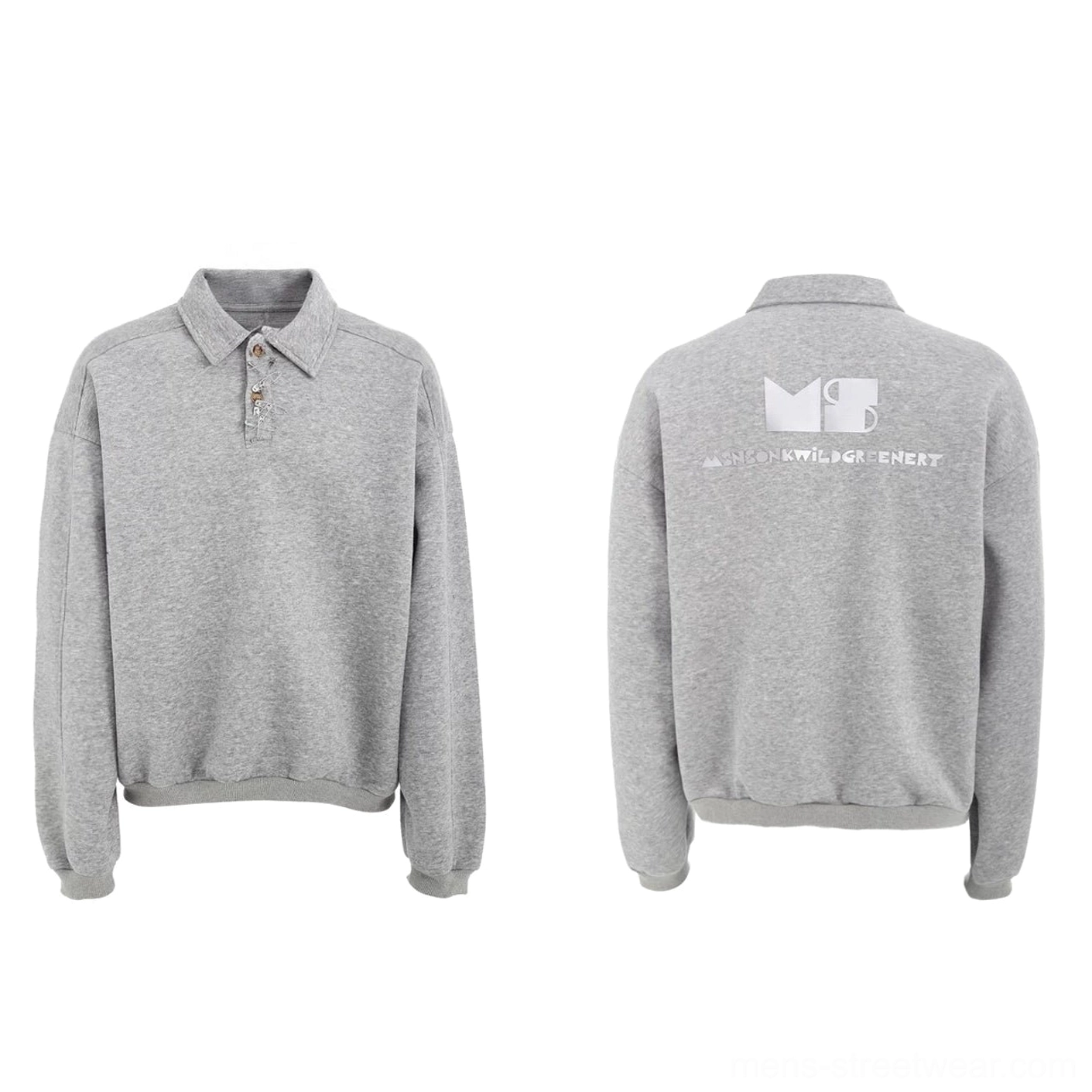 Black oversized polo collar sweatshirt back flat lay with bold white graphic print and ribbed hem streetwear design