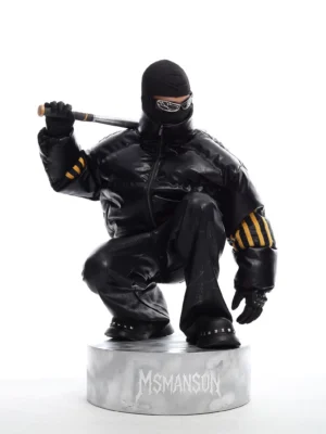 Black oversized quilted faux leather puffer jacket with yellow industrial sleeve stripe patches shown in a tactical Korean streetwear outfit