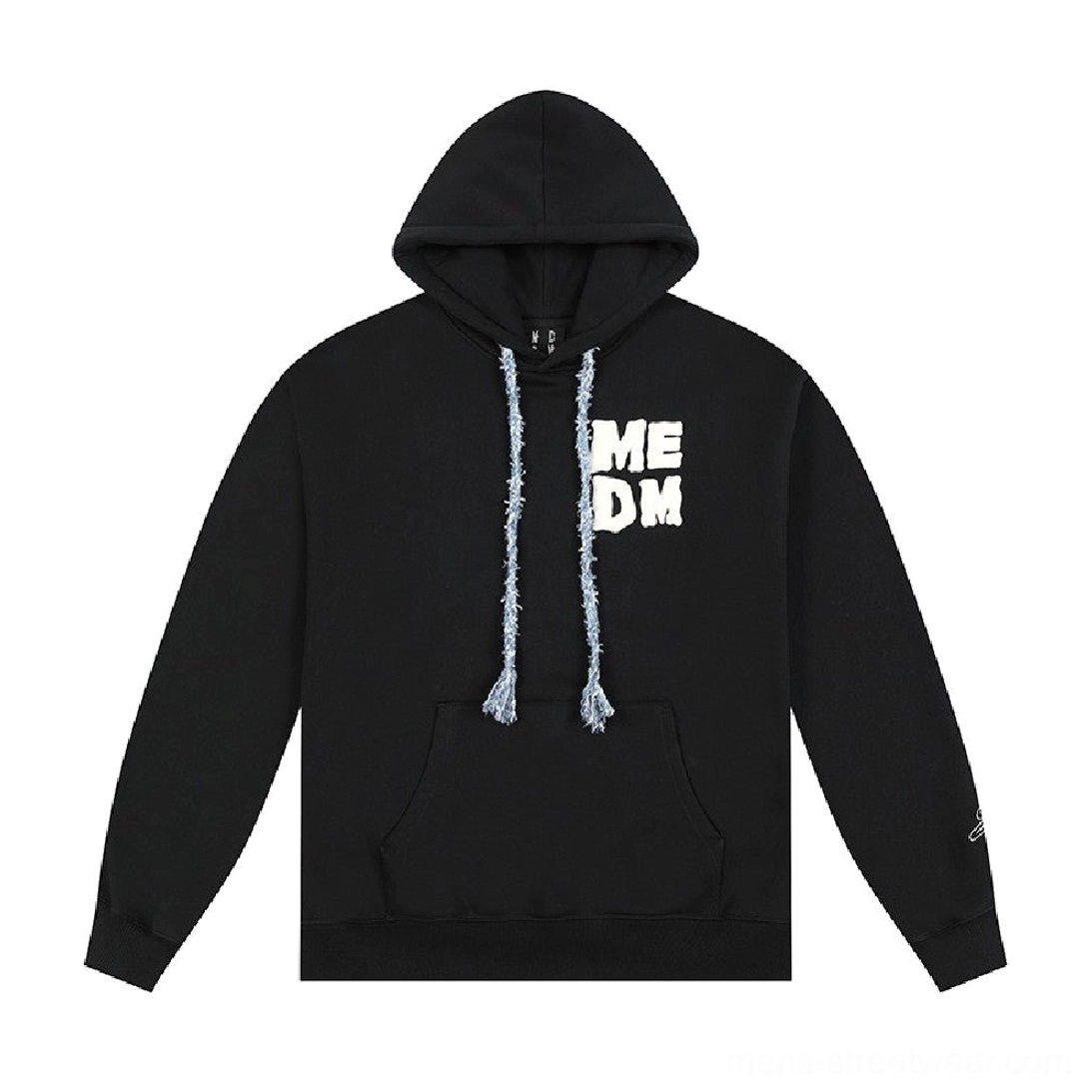 Flat lay front view of black oversized pullover hoodie with raised chest print, frayed drawstrings, kangaroo pocket, and sleeve embroidery
