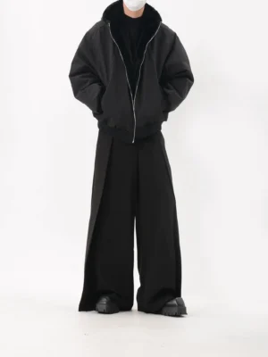 Black oversized reversible streetwear bomber jacket with stand collar and zip front full-body front view
