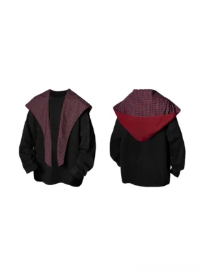 Front flat lay of black oversized sail collar sweatshirt with burgundy checkered layered hood collar and long sleeves for Korean streetwear styling
