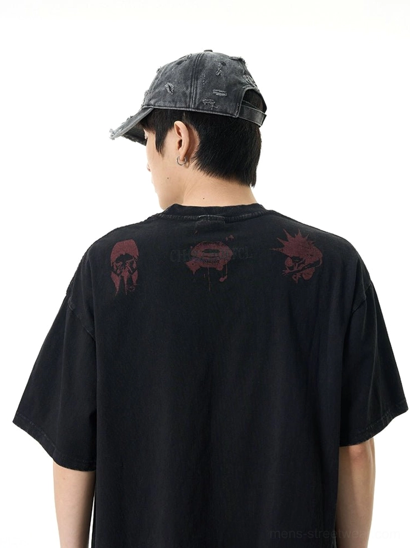 Rear full body view of black oversized streetwear T-shirt with matching maroon distressed graphic print on the back