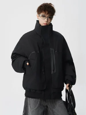 Black oversized tech puffer jacket front view with stand collar waterproof zip pockets ribbed cuffs and hem