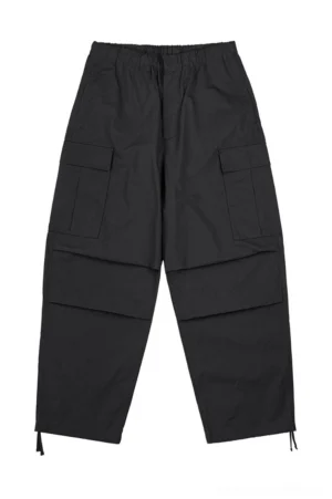 Black oversized utility cargo pants with elastic waistband flap pockets pleated knees and adjustable drawstring cuffs flat lay