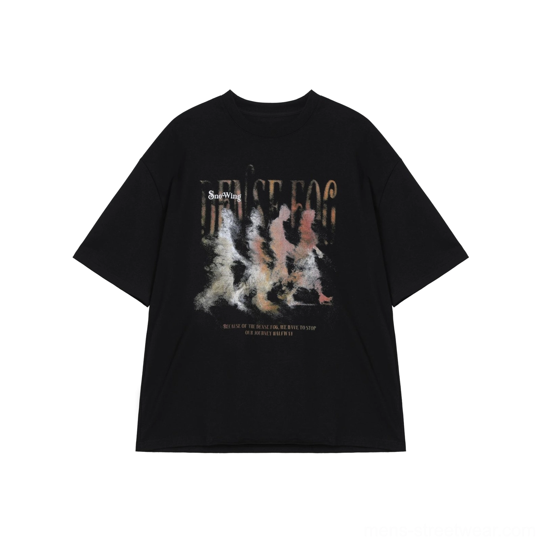 Flat lay view of a black oversized graphic T-shirt with warm-toned vintage marching figure print, text artwork, and relaxed streetwear silhouette