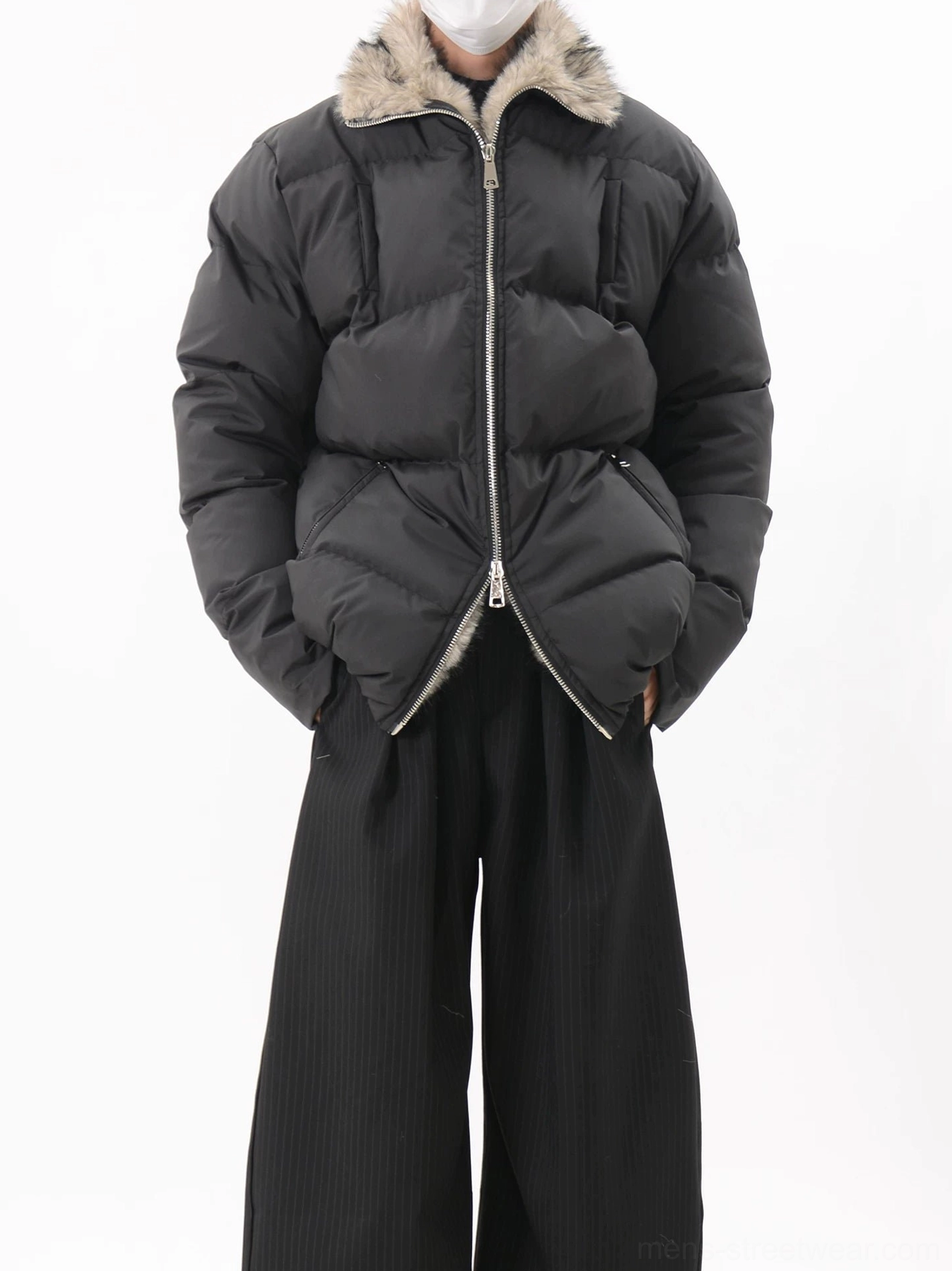 Black padded quilted streetwear jacket with faux fur stand collar, diagonal quilting, front zipper, and roomy layered fit