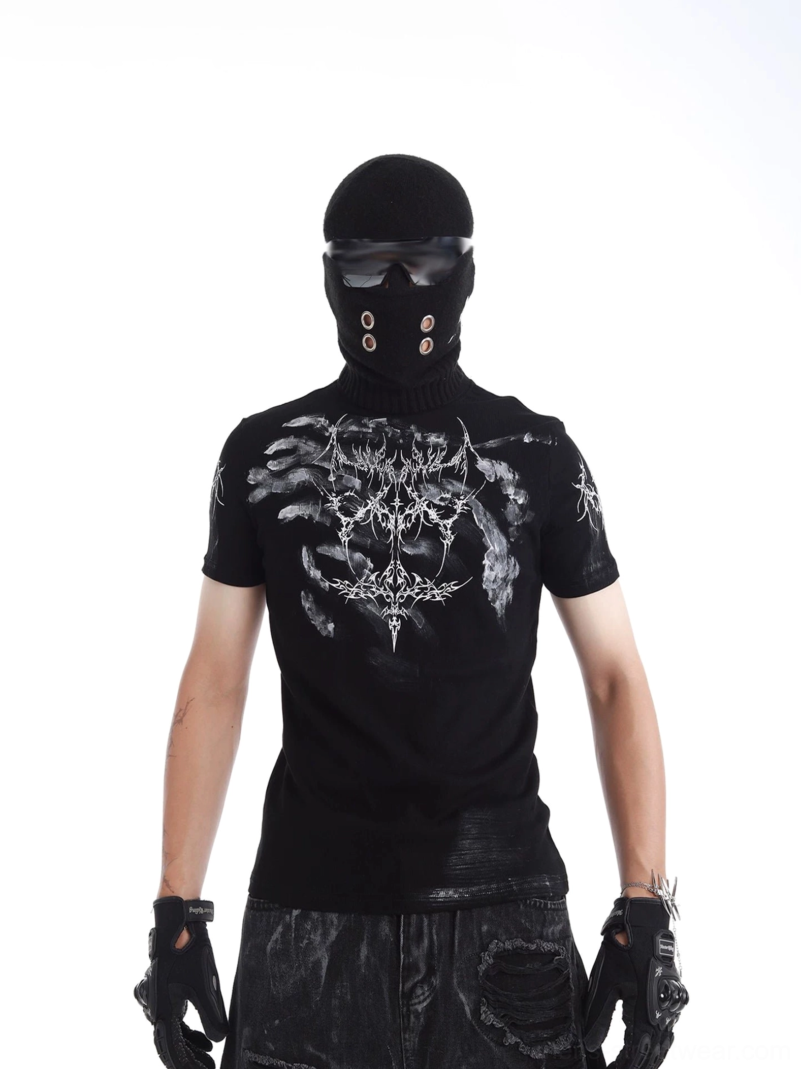 Black Phantom Sigil gothic graphic T-shirt styled with black balaclava, goggles, leather gloves, and faded straight-leg denim