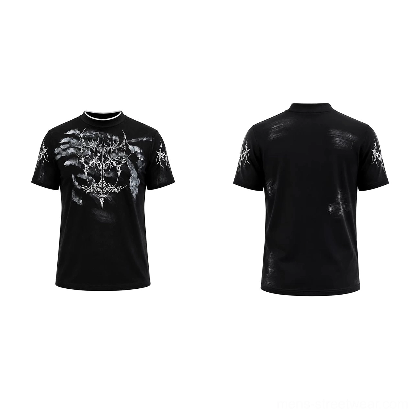 Flat lay front and back view of black Phantom Sigil graphic T-shirt with distressed texture and silver gothic sleeve prints