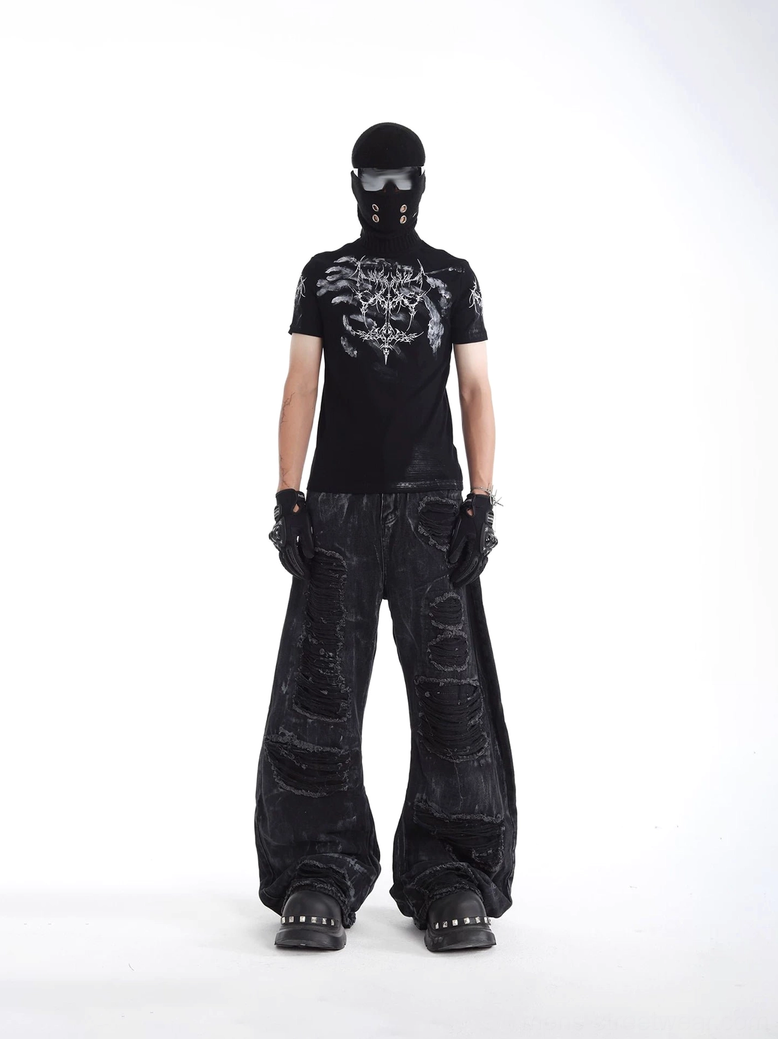 Black Phantom Sigil streetwear T-shirt paired with leather gloves, balaclava, and loose wide-leg faded black jeans