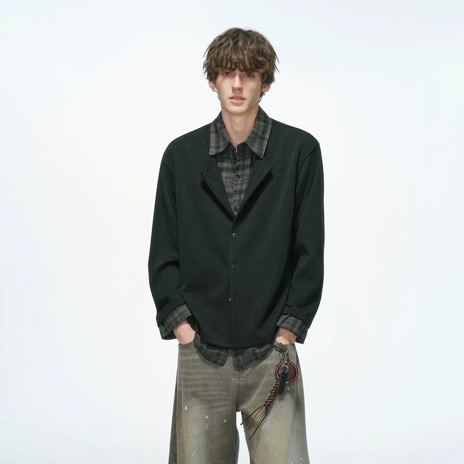Black plaid collar layered knit shirt jacket with a relaxed fit for minimalist East Asian streetwear
