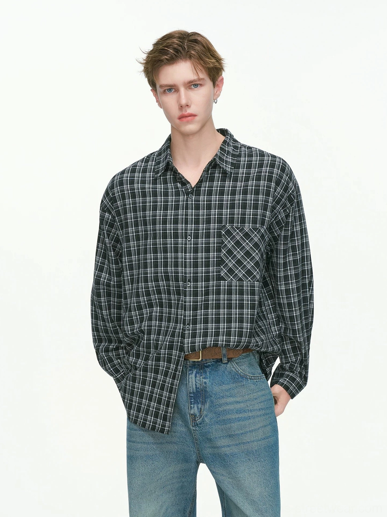 Black plaid oversized long sleeve shirt with classic collar chest pocket and relaxed dropped-shoulder fit