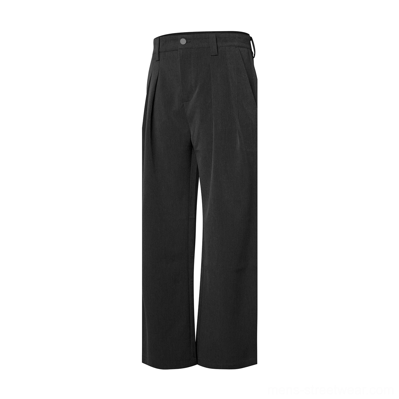 Black pleated wide-leg tailored trousers flat lay with clean suiting finish structured waistband and relaxed full-length silhouette