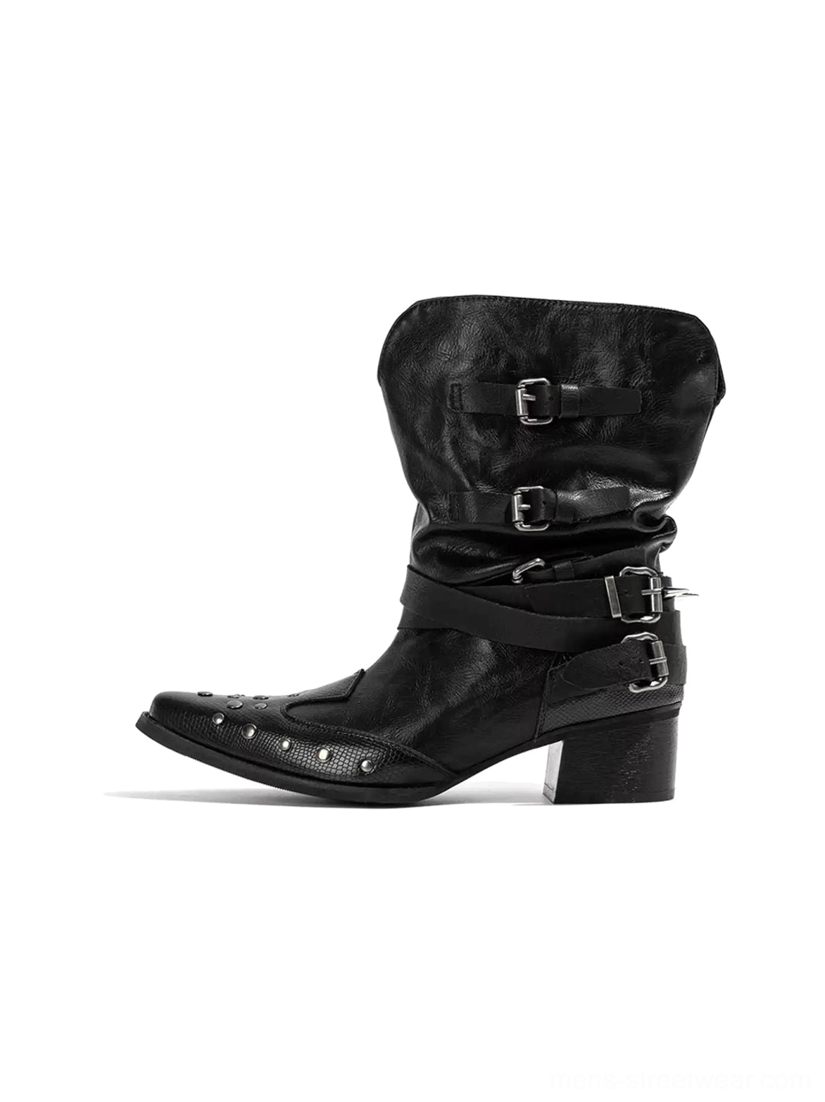 Black pointed toe Western buckle boots with silver hardware, spike studded toe caps, textured synthetic upper, and low block heels shown from the side