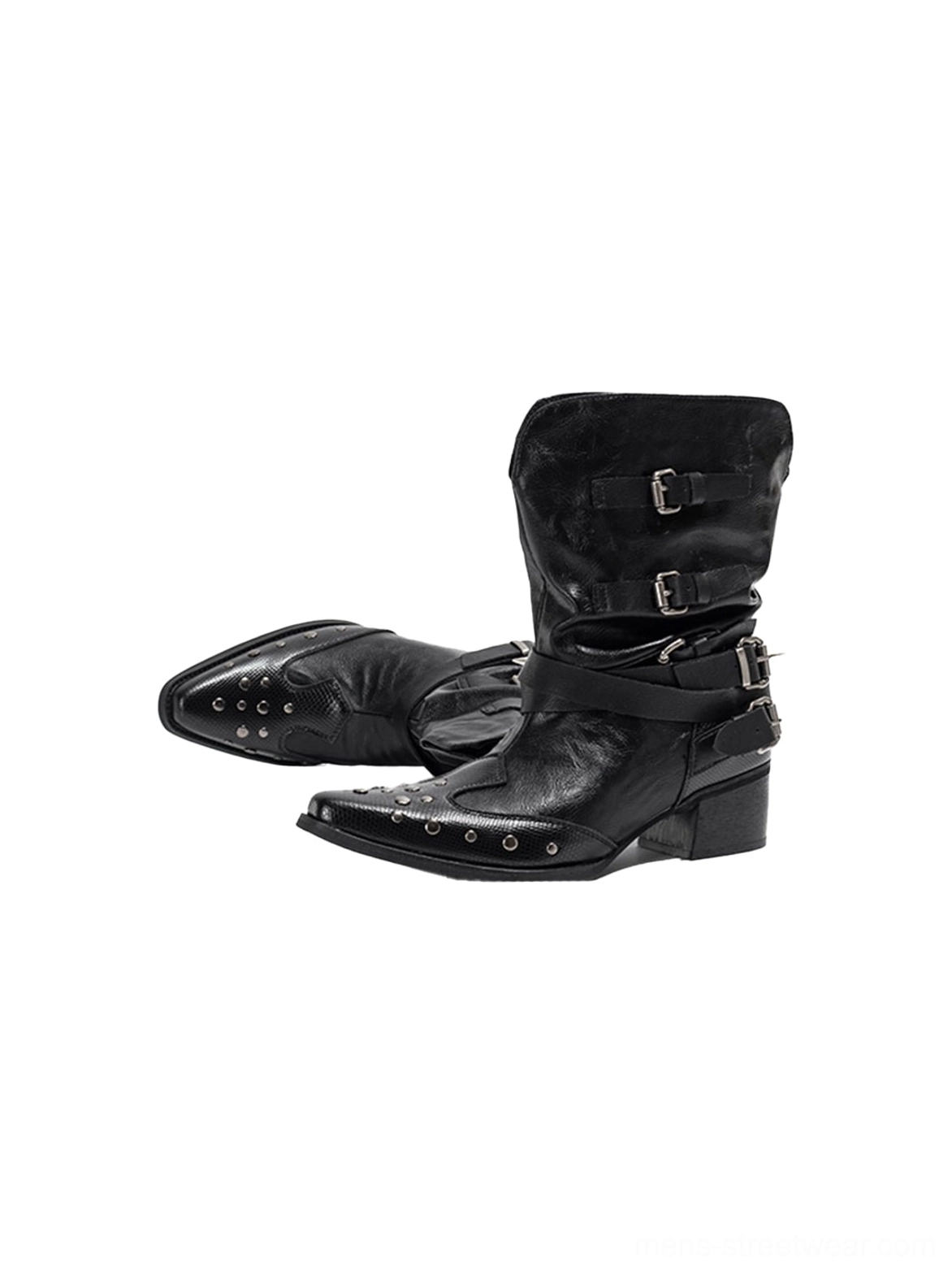 Front view of black pointed toe Western buckle boots with adjustable silver straps, studded toe caps, and slouchy mid-calf shafts