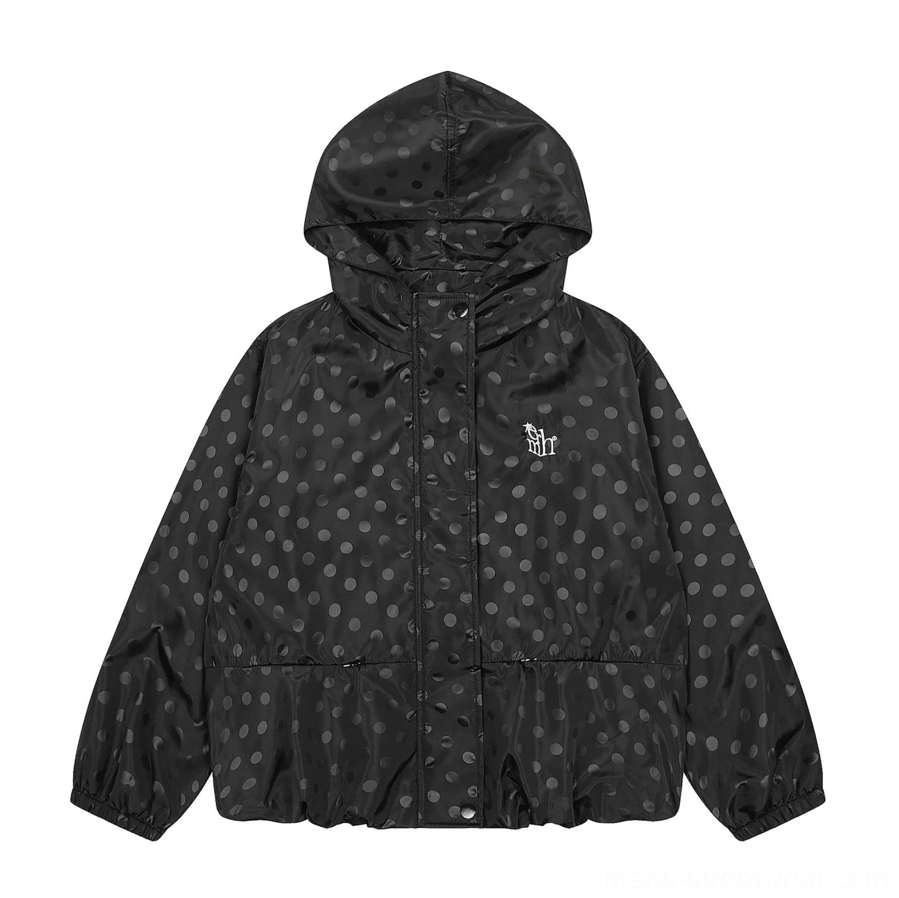 Black polka dot hooded streetwear windbreaker jacket flat lay front view showing snap front and embroidered chest detail