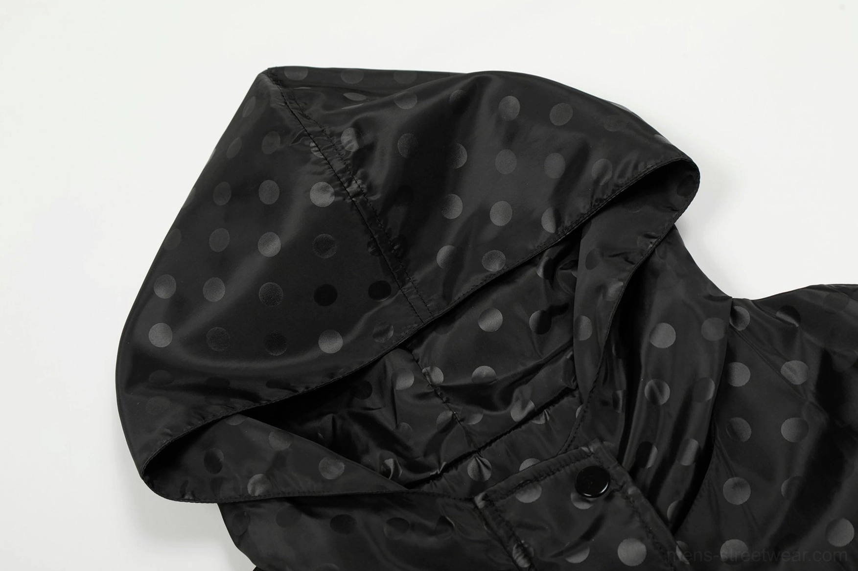 Black polka dot oversized hooded streetwear windbreaker jacket product detail view
