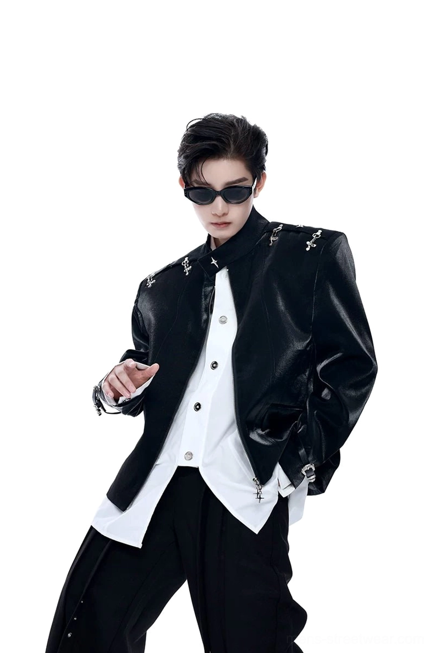 Black glossy punk leather blazer styled with a long white button-down shirt and wide-leg trousers for an avant-garde Seoul streetwear outfit