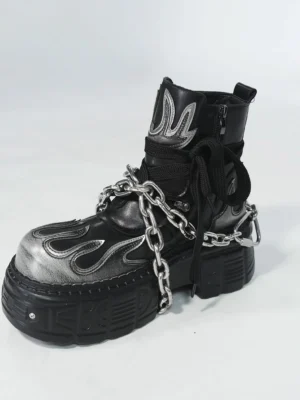 Single black punk platform ankle boot with silver flame print removable chain harness side zipper and thick rubber lug sole