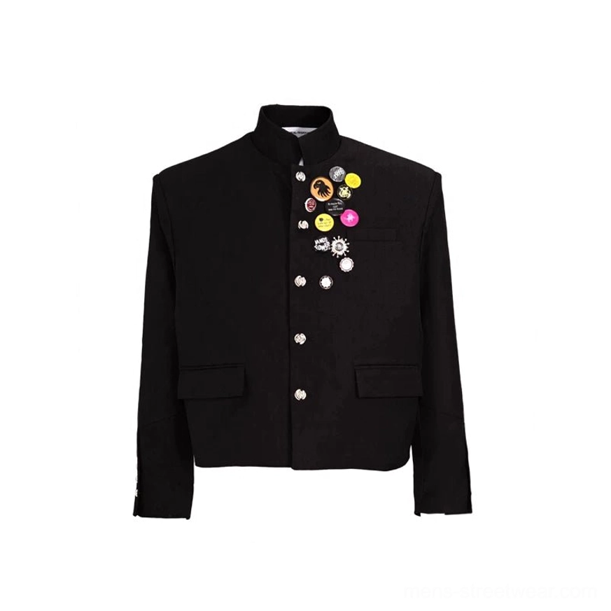 Black punk scholar cropped stand-collar blazer with metal buttons colorful chest badges flap pockets and cuff button details