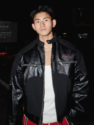 Black racing-inspired winter zip-up streetwear jacket with contrast glossy panels stand collar and chest zipper pockets