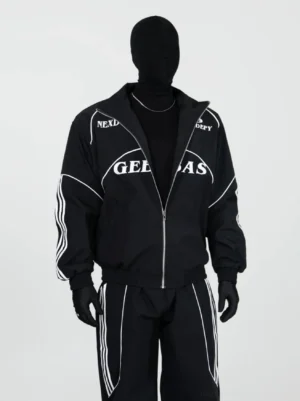 Close-up front view of black racing track jacket with stand collar zipper white sleeve stripes and graphic chest print