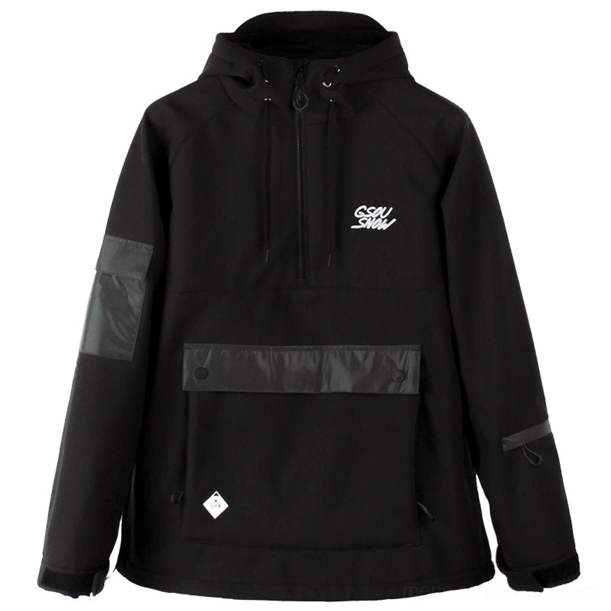 Black reflective color block snow anorak jacket flat front view with gray sleeve detail and cargo pocket