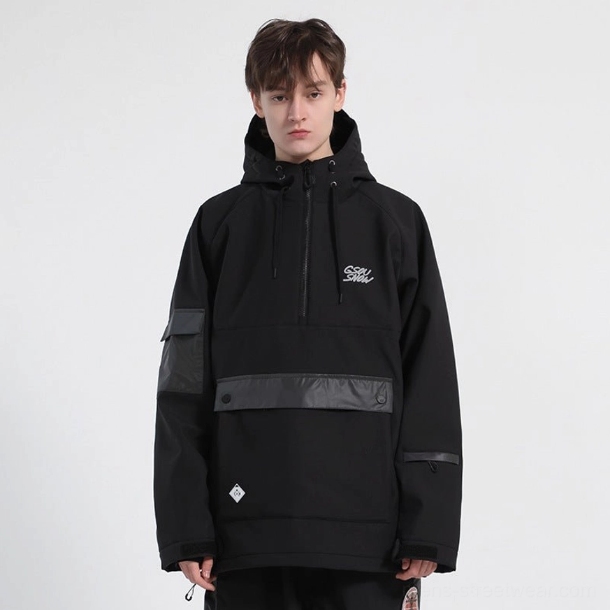 Black unisex reflective color block snow anorak jacket with gray sleeve panel and utility cargo pocket