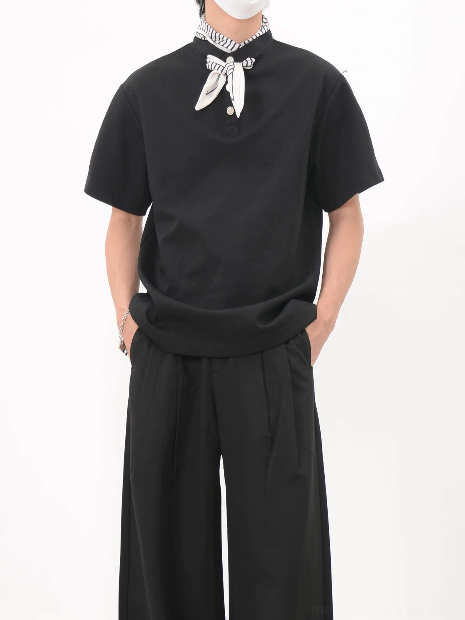 Black relaxed fit bandana collar polo tee with striped bow neckerchief shown from the front in modern Seoul streetwear styling
