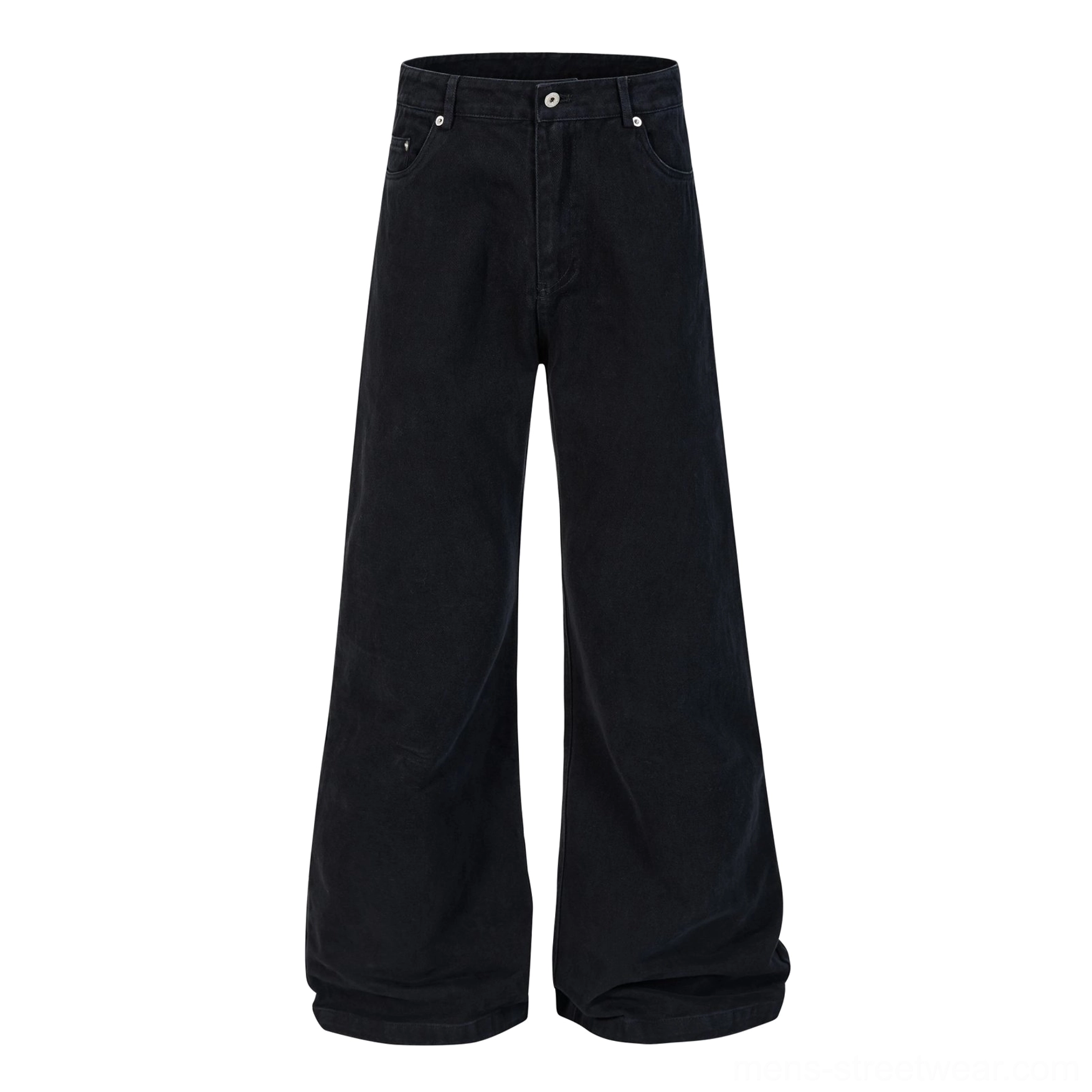 Black relaxed wide leg jeans flat lay front view with classic five-pocket streetwear design