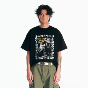 Black retro Hong Kong cinema poster graphic cotton T-shirt shown from the front on an East Asian male model with olive cargo pants