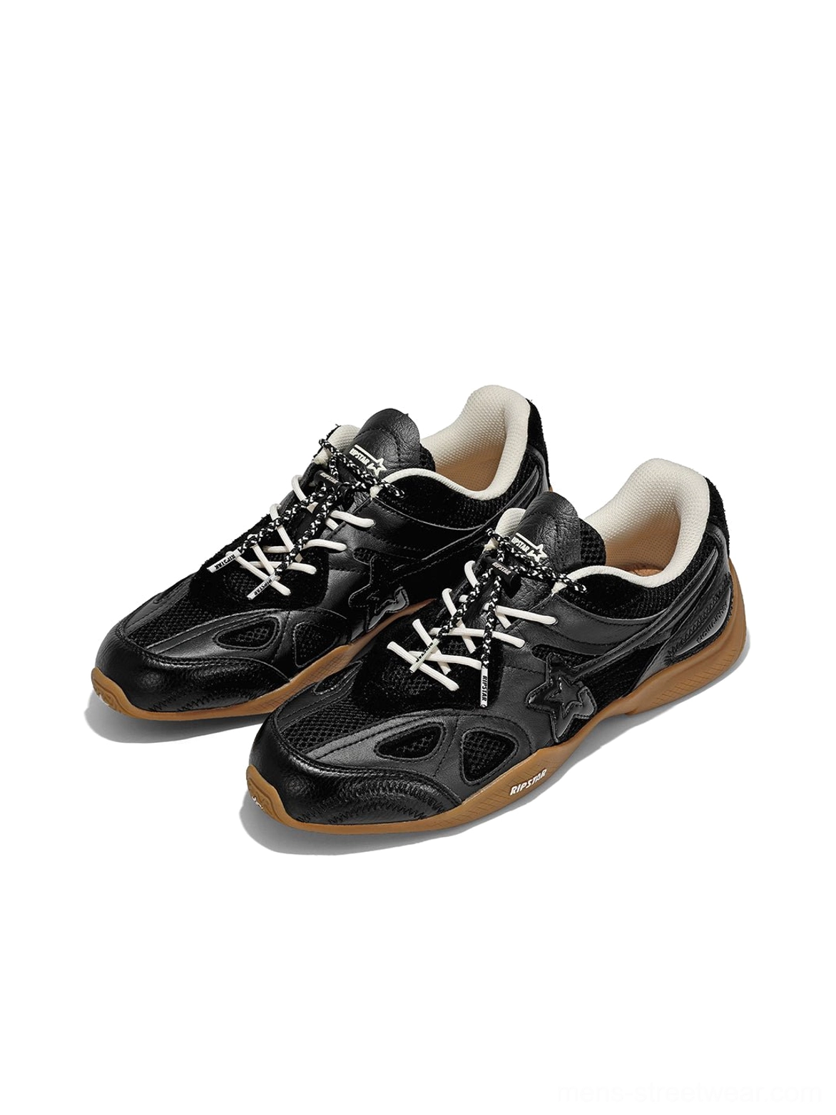 Pair of black retro runner sneakers shown from the front three-quarter angle with dual drawcord lacing, layered mesh panels, and gum rubber soles