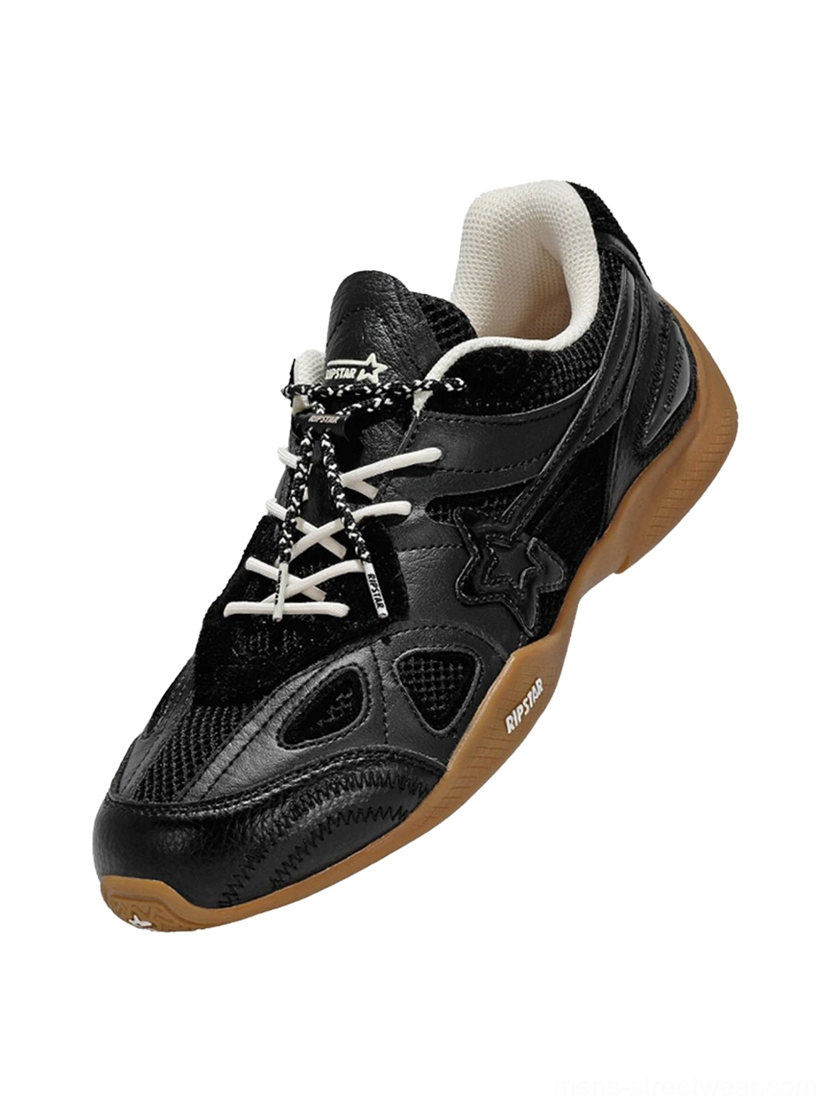 Black retro streetwear runner sneaker in front three-quarter view with layered leather and mesh upper, side star detail, and gum outsole
