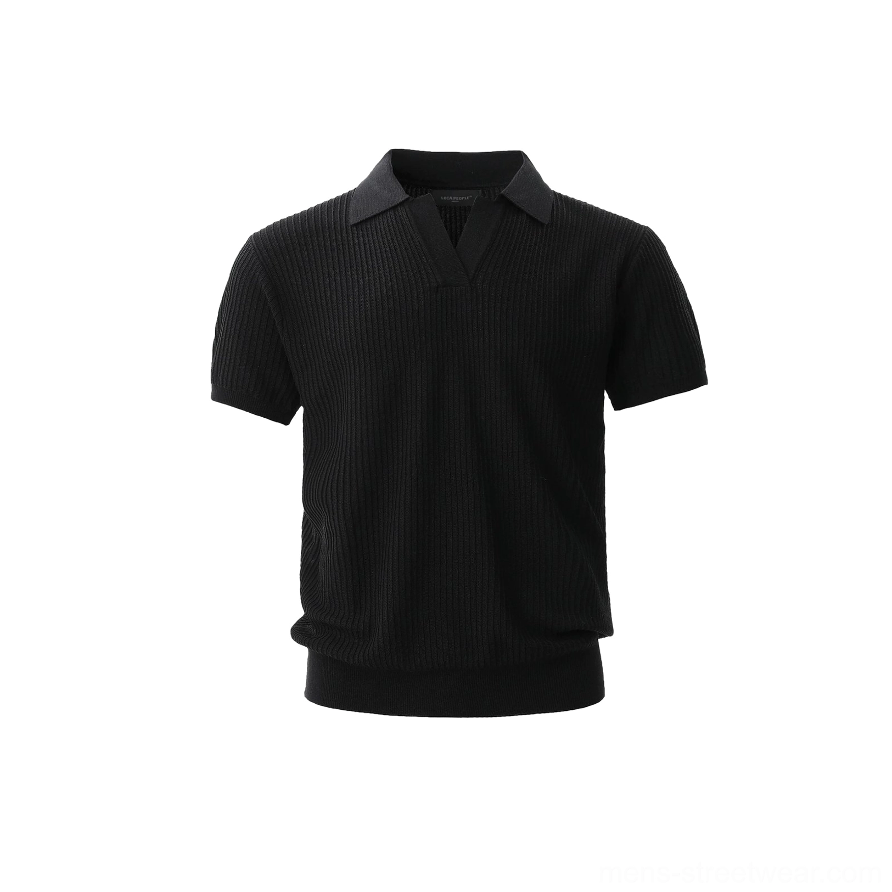 Flat lay front view of a black ribbed knit polo shirt showing vertical texture open Johnny collar ribbed hem and sleeve cuffs