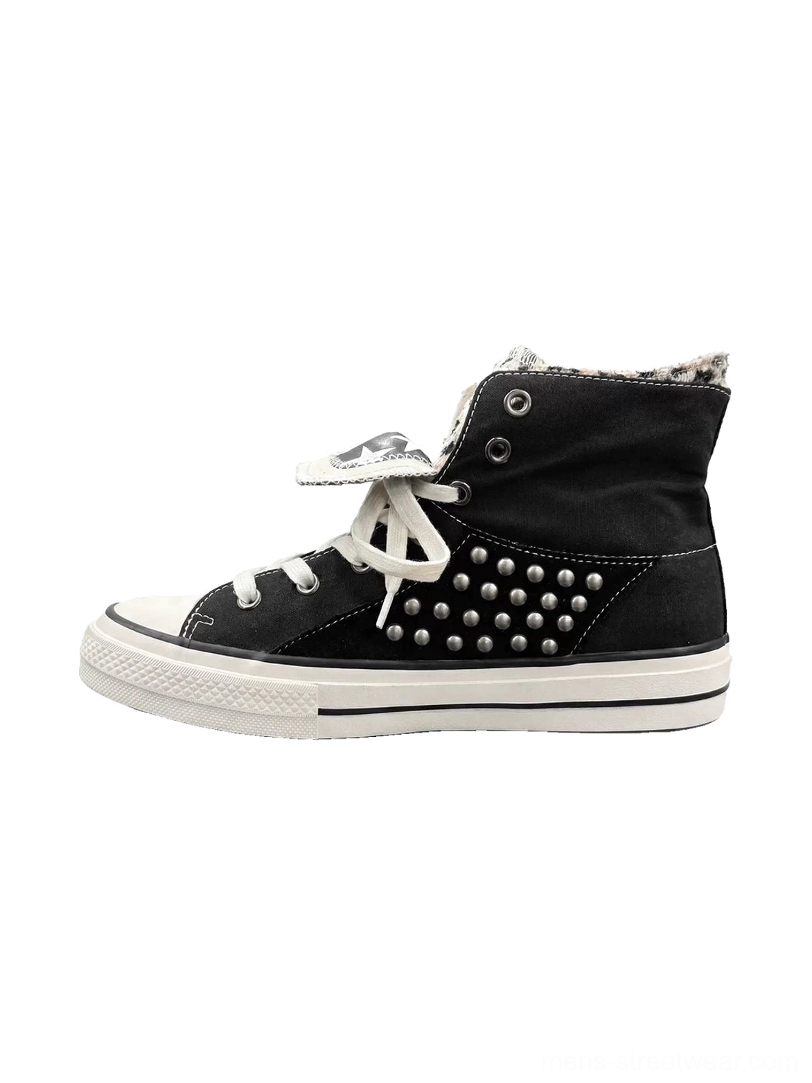 Black high-top canvas streetwear sneakers with foldable fleece-lined collar, silver round rivets, white laces, and classic rubber sole