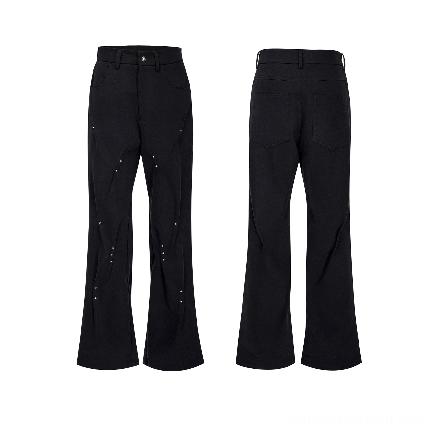 Black rivet sculpt flare denim pants front and back flat lay showing patch pockets curved seam details and wide hems