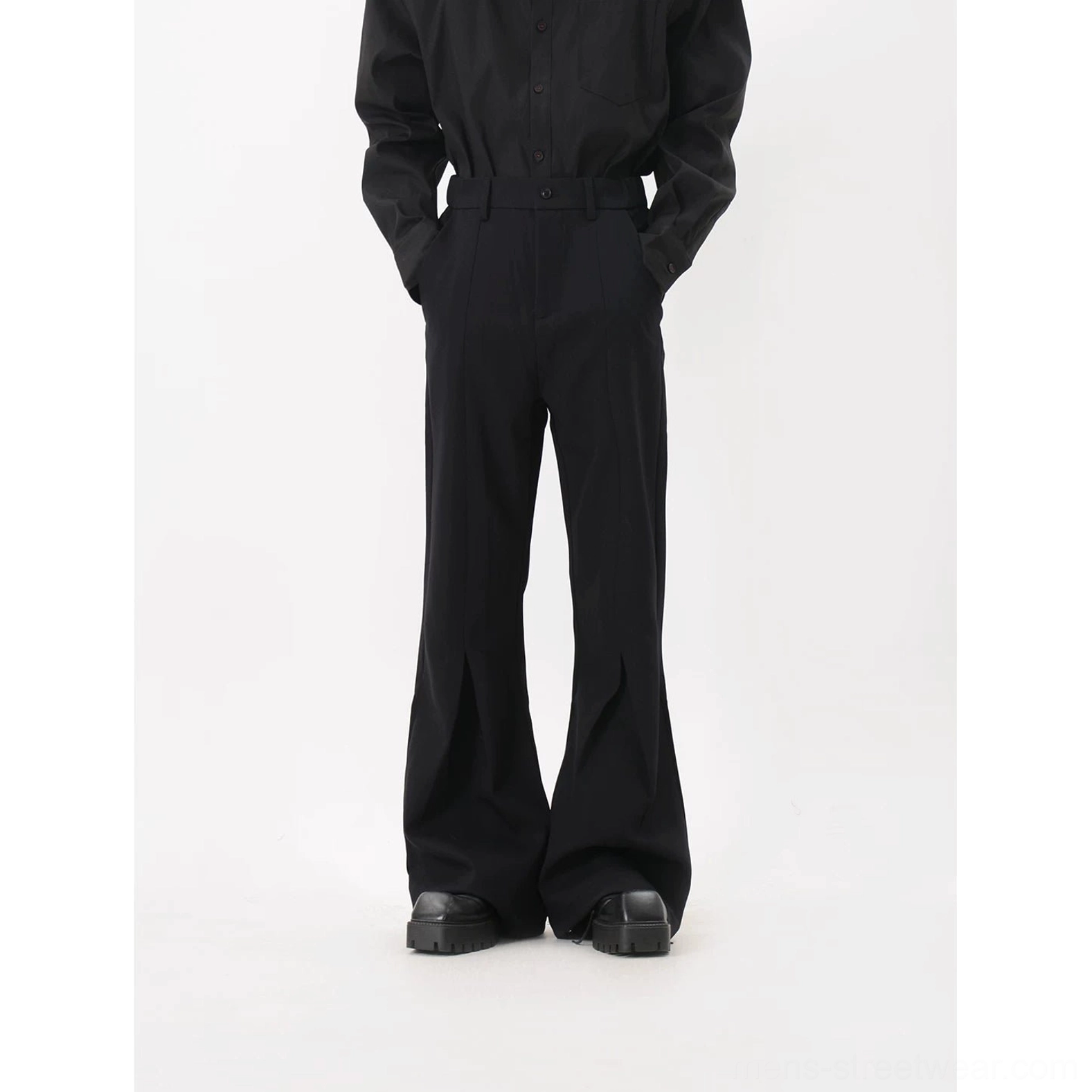 Black sculpted crease flared trousers Korean tailored streetwear pants main product view