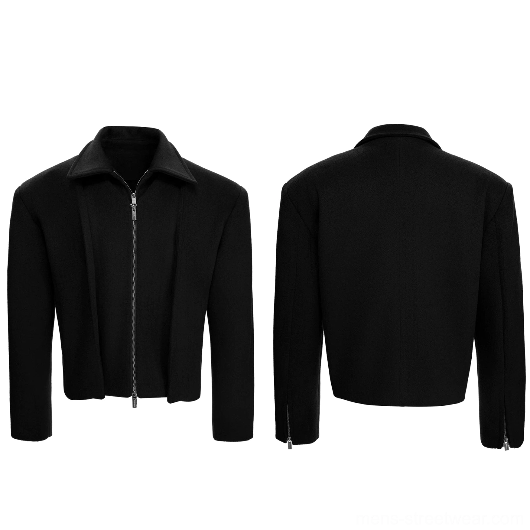 Flat lay front and back view of a black sculpted cropped wool jacket with dual zippers structured shoulders and cuff zips