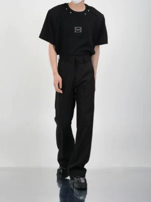 Black Seoul streetwear straight-leg dress pants with tailored high waist and relaxed clean silhouette three-quarter view