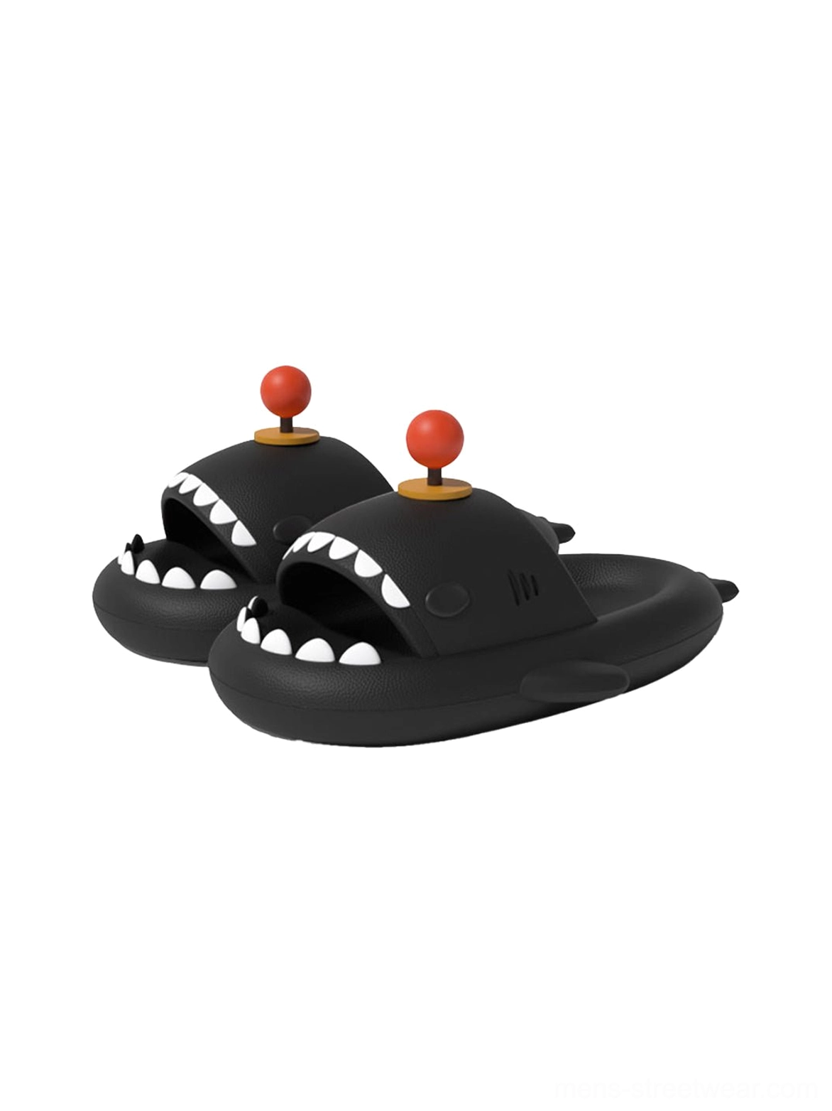 Pair of matte black shark platform slippers with open-mouth design and red ball antenna decoration