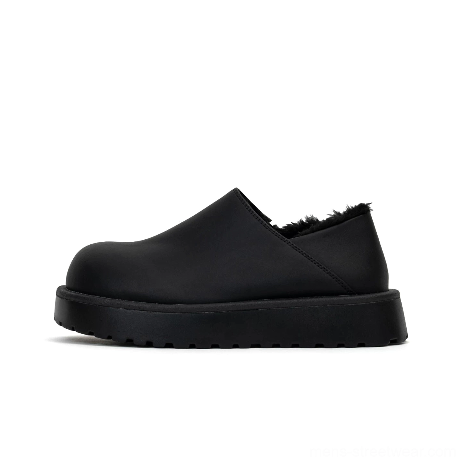 All-black shearling-lined platform slip clog in clean side profile, featuring a matte black leather upper, fluffy faux-fur interior, rounded toe, and chunky rubber outsole