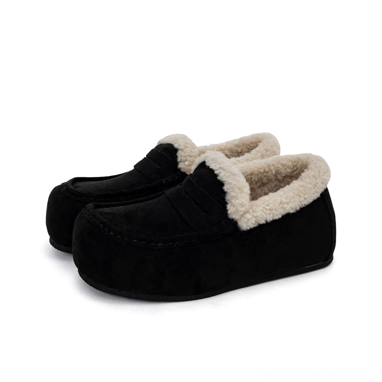 Black shearling lined suede finish penny loafers with classic slip-on silhouette and thick sole