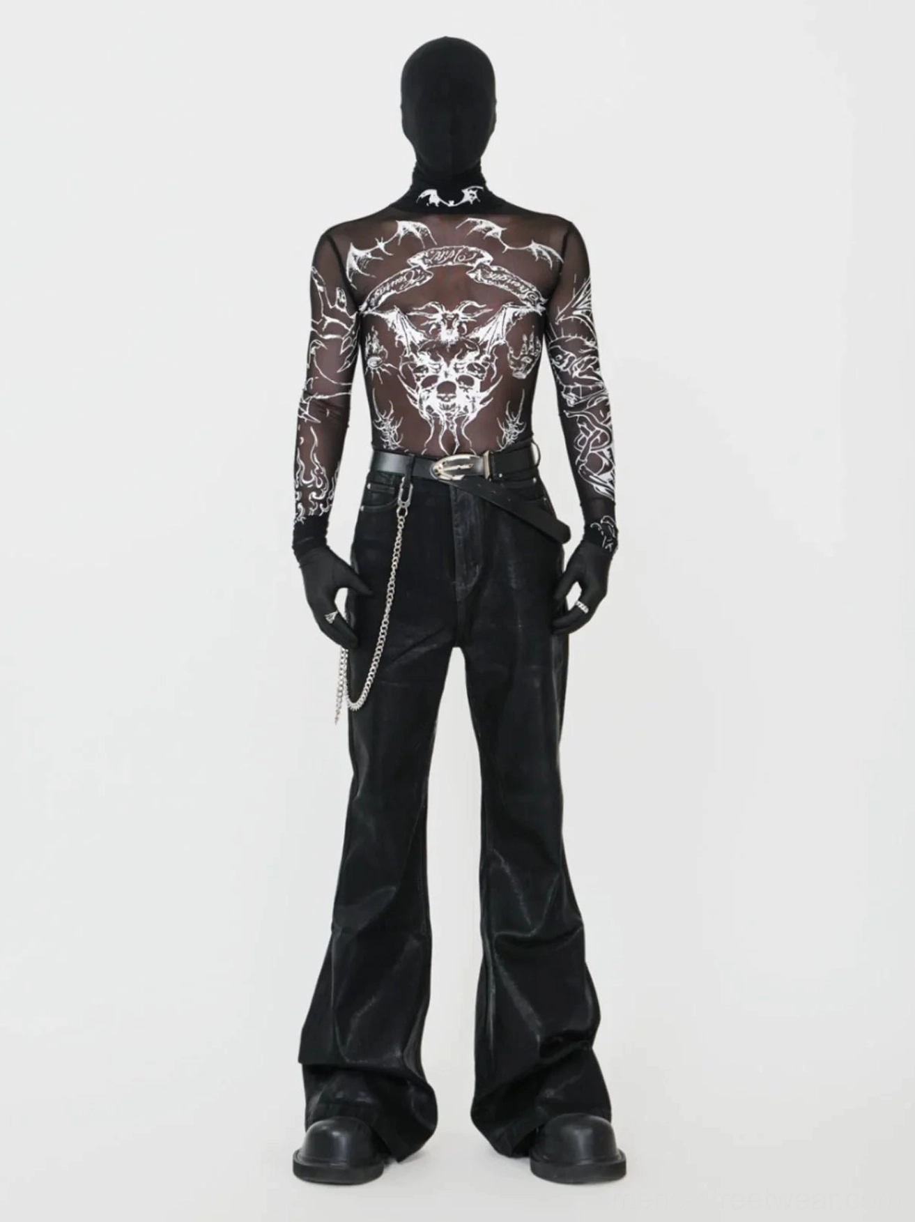 Front view of black sheer gothic mesh turtleneck top with symmetrical white tattoo artwork and slim long sleeves